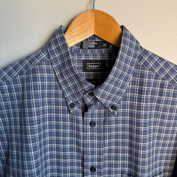 Haggar Men's L Mini-Plaid Long Sleeve Button Up Shirt‎ Wrinkle-Resistant Blue - Picture 4 of 12